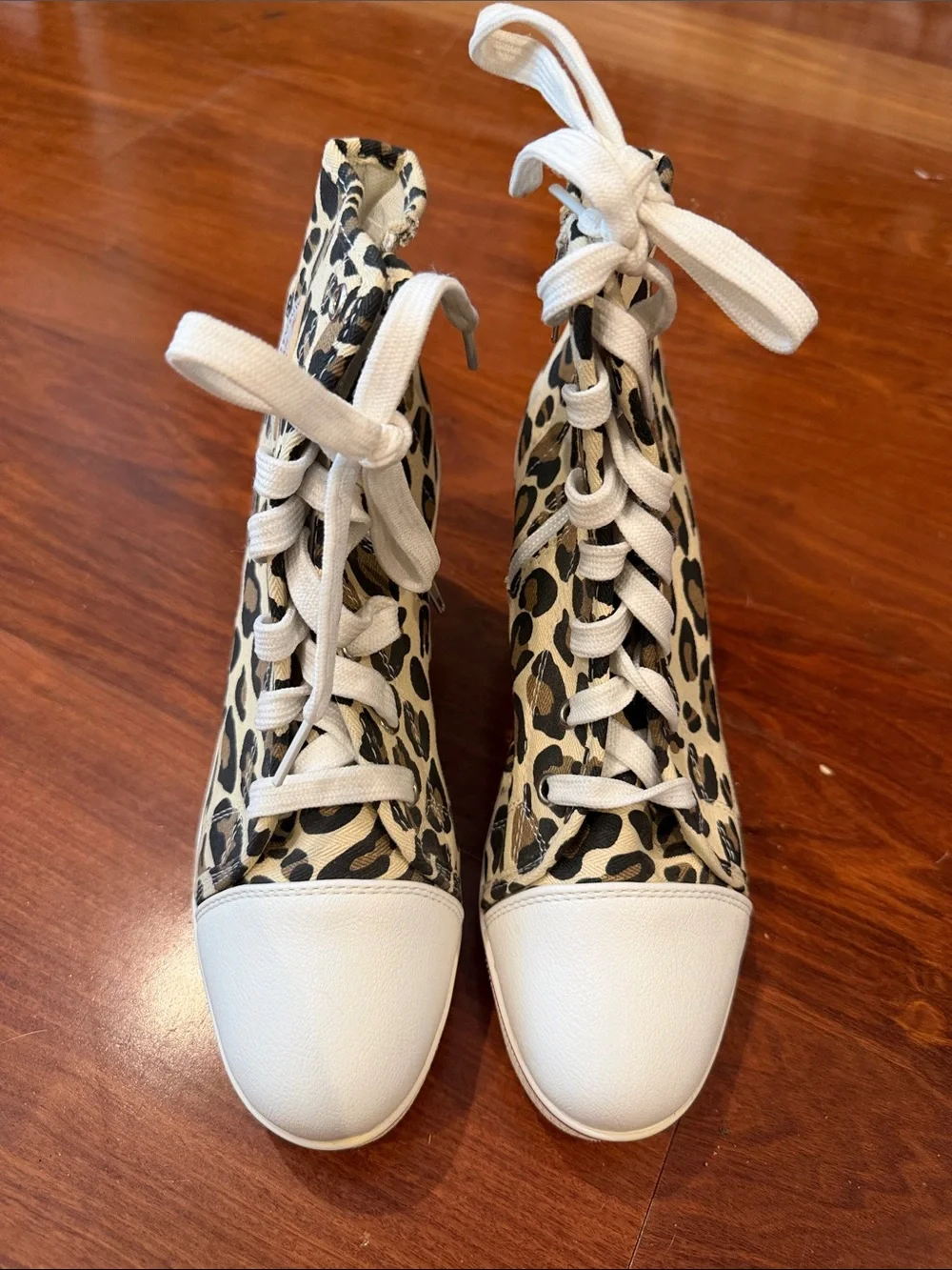 Leopard Print Platform High-Top Sneakers - Beige/Black- Size 38